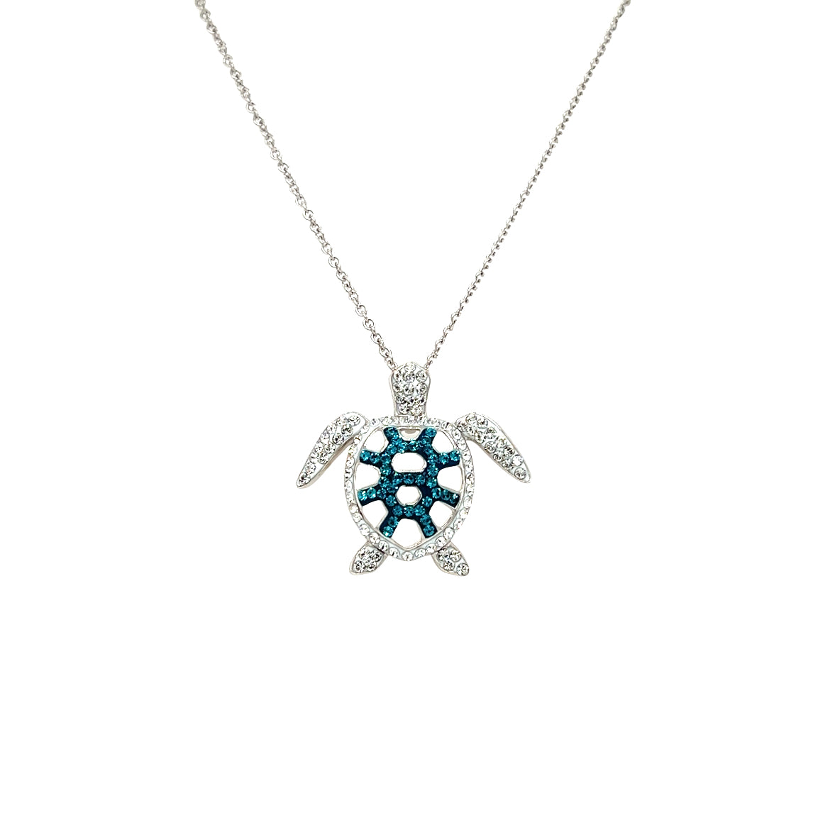 Turtle Necklace with Blue and White Crystals in Sterling Silver Front View