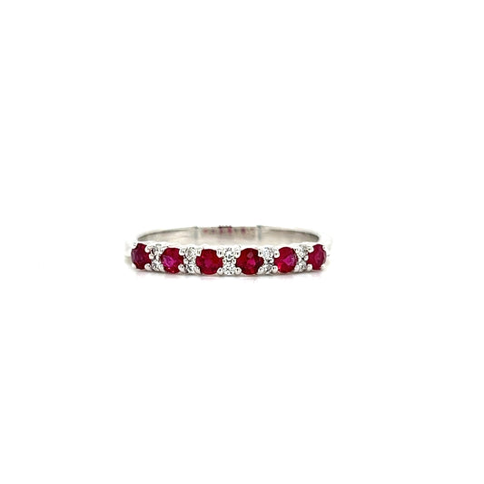 Ruby Ring with Ten Diamonds in 14K White Gold Front View