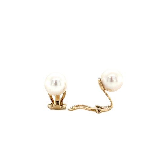 Akoya Pearl 7.5mm Stud Earrings with Omega Clip Backs in 14K Yellow Gold. Front and Side View