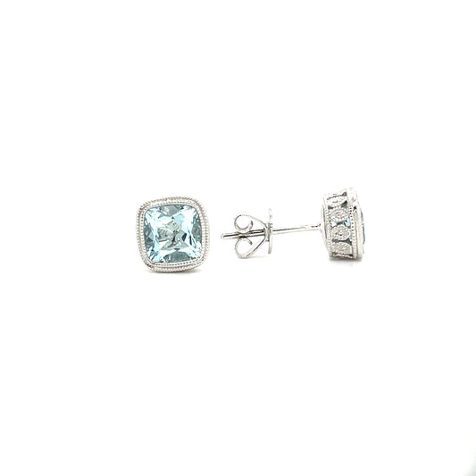 Aquamarine Stud Earrings with Milgrain and Filigree Details in 14K White Gold Front and Side View