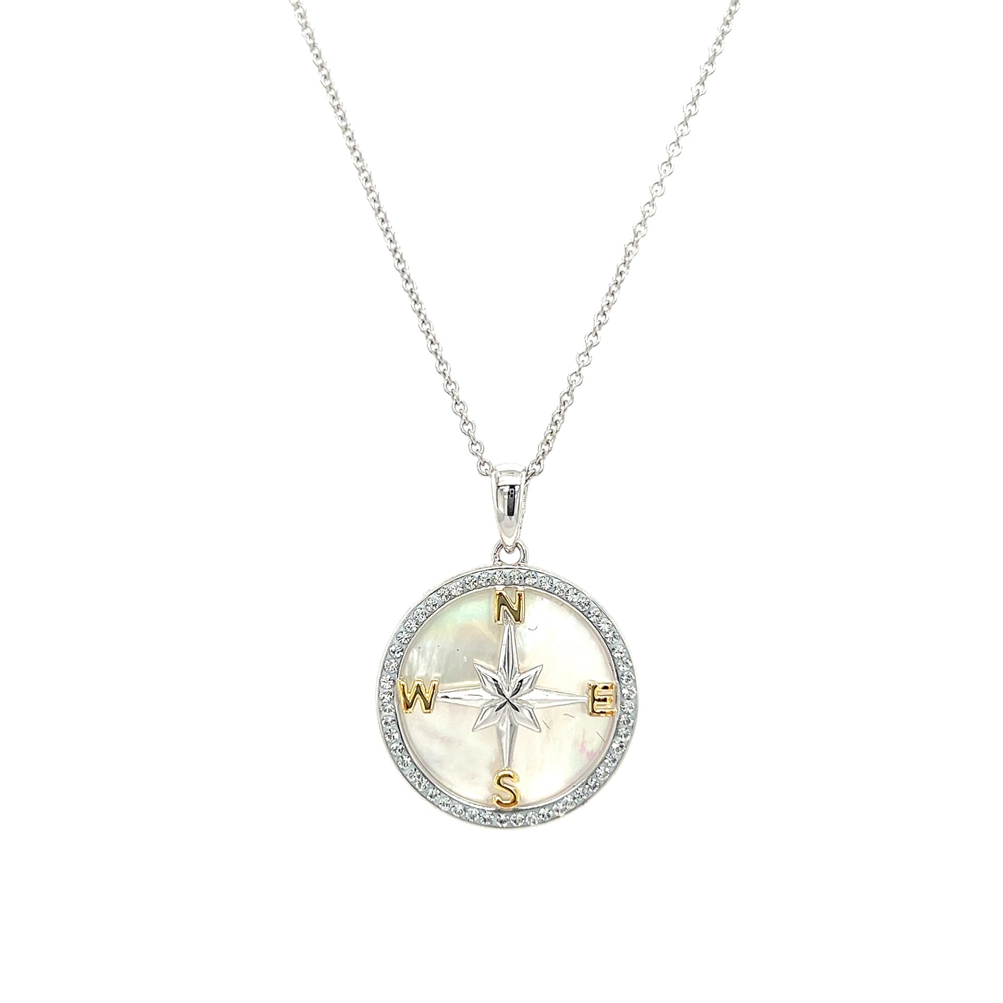 Mother of Pearl Compass Necklace with White Crystals in Sterling Silver