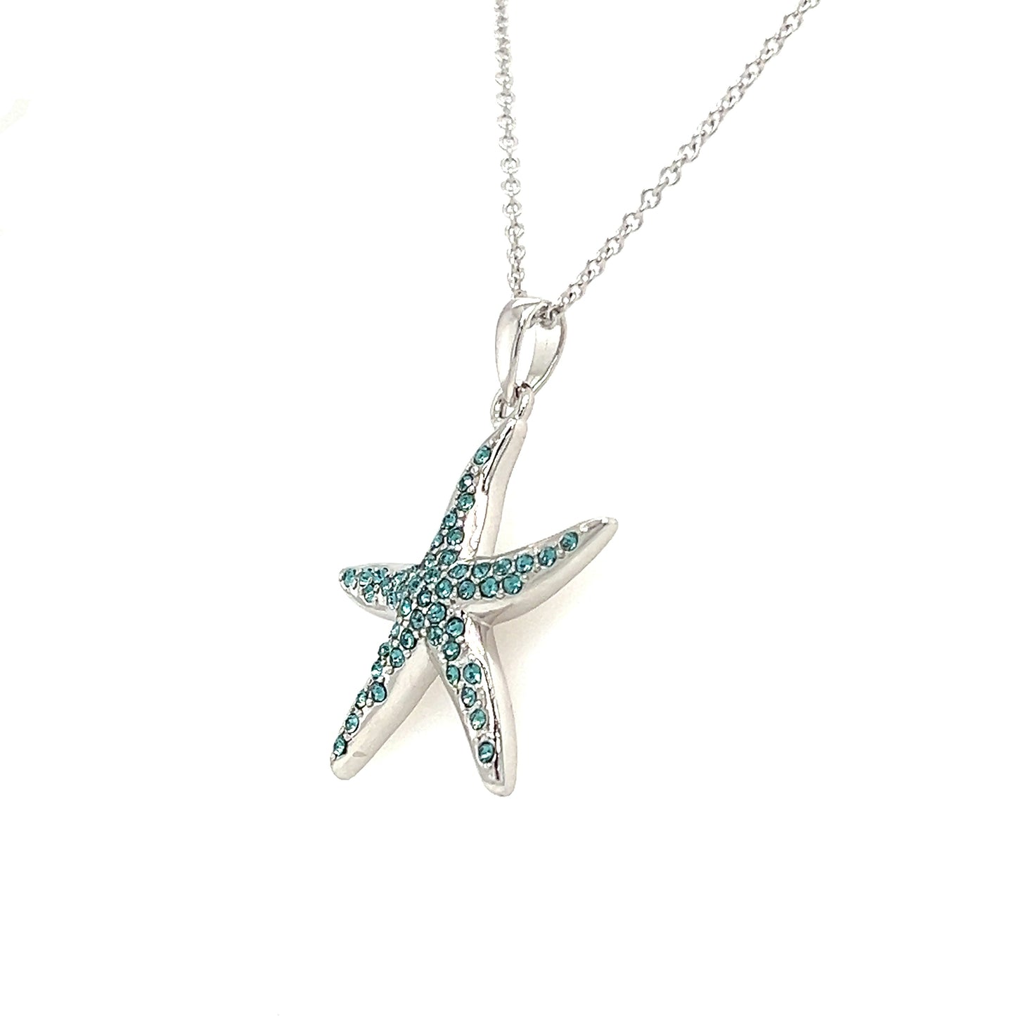 Starfish Necklace with Aquamarine Crystals in Sterling Silver Right Side View