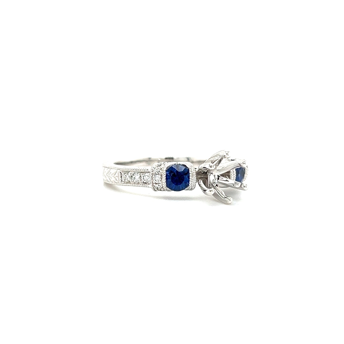 Blue Sapphire Three Stone Ring Setting with 0.15ctw of Diamonds in 14K White Gold Left Side View