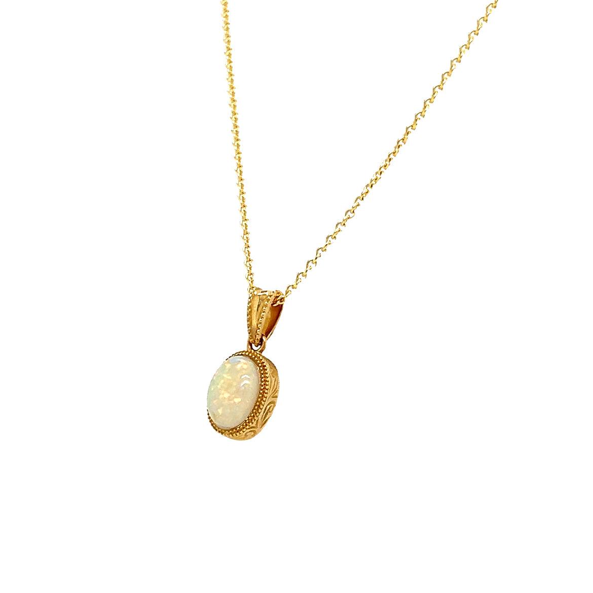 White Opal Pendant with Engraving and Milgrain Details in 14K Yellow Gold Right Side View