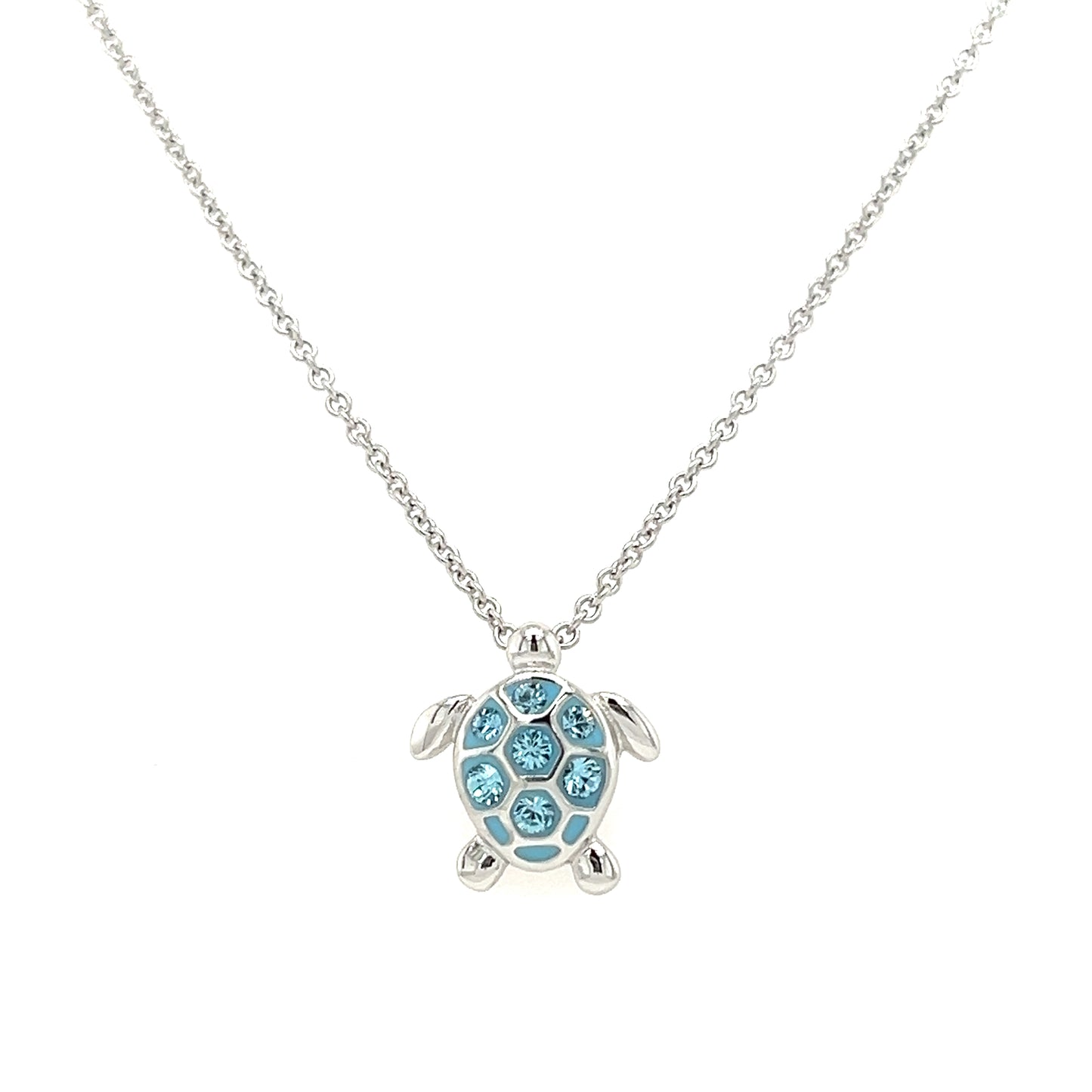 Small Turtle Necklace with Aquamarine Crystals in Sterling Silver Front View