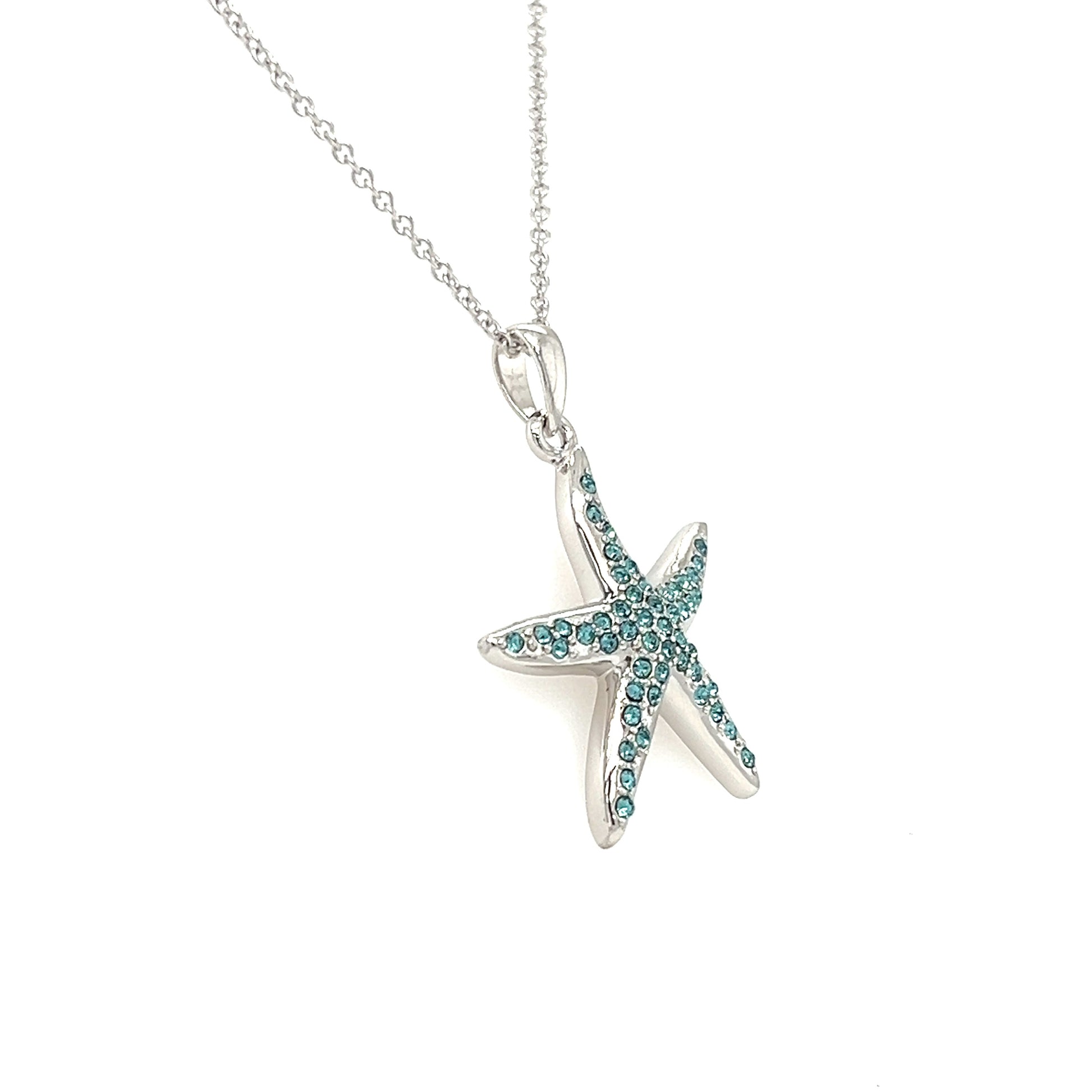 Starfish Necklace with Aquamarine Crystals in Sterling Silver Left Side View