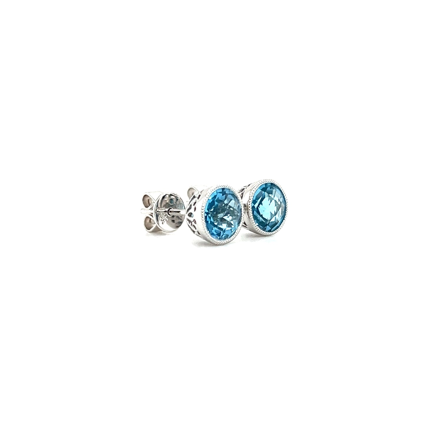 Blue Topaz Stud Earrings with Filigree and Milgrain Details in 14K White Gold Left Side View