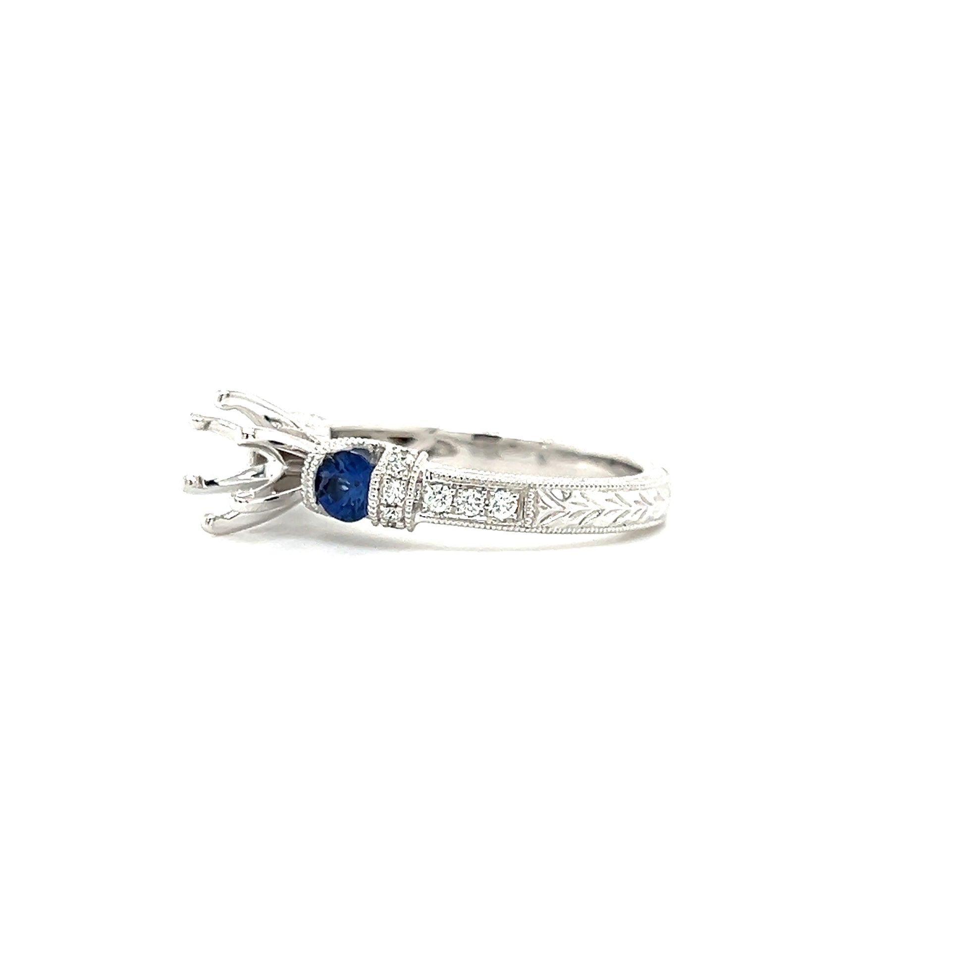 Blue Sapphire Three Stone Ring Setting with 0.15ctw of Diamonds in 14K White Gold Right Profile View