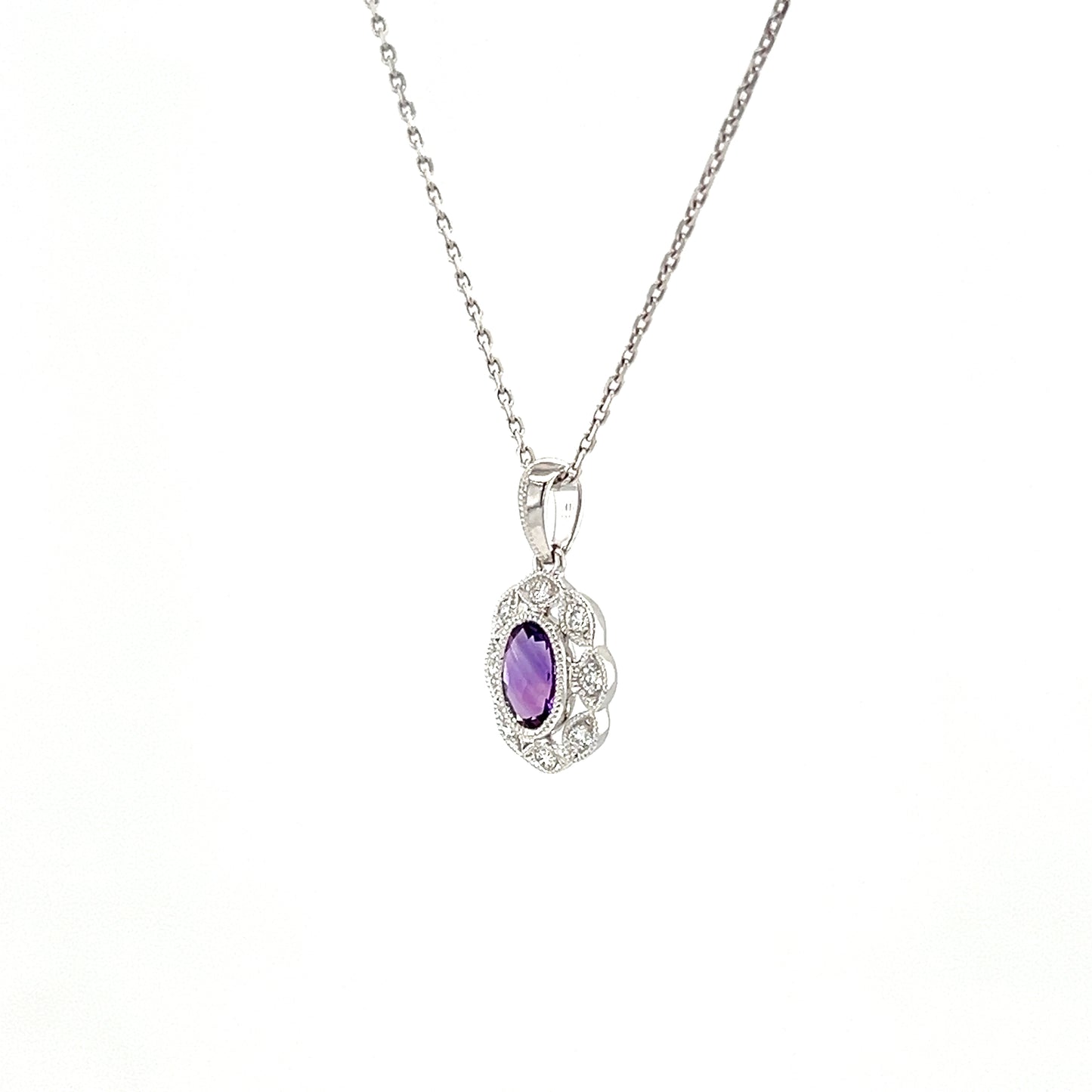 Oval Amethyst Pendant with Diamond Halo in 14K White Gold Right Side View