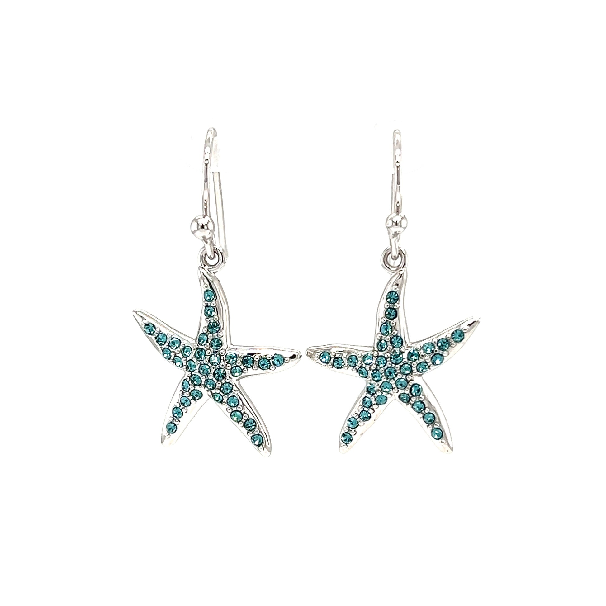 Starfish Dangle Earrings with Aquamarine Crystals in Sterling Silver Front View