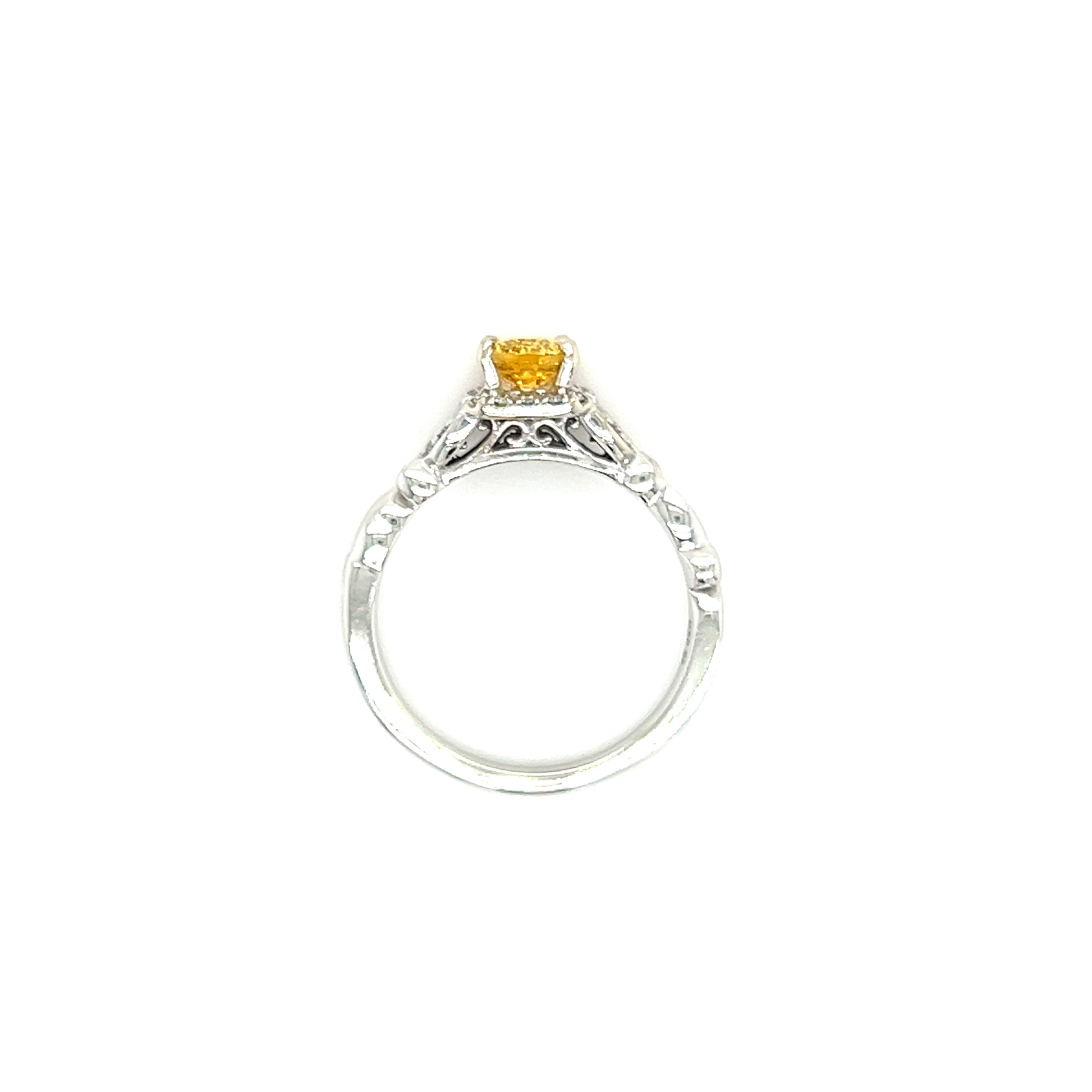 Yellow Sapphire Ring with Diamond Halo and Vine Details in 14K White Gold. Top View