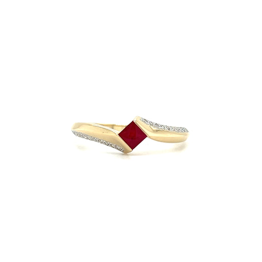 Bypass Ruby Ring with Diamond Accents in 14K Yellow Gold Front View