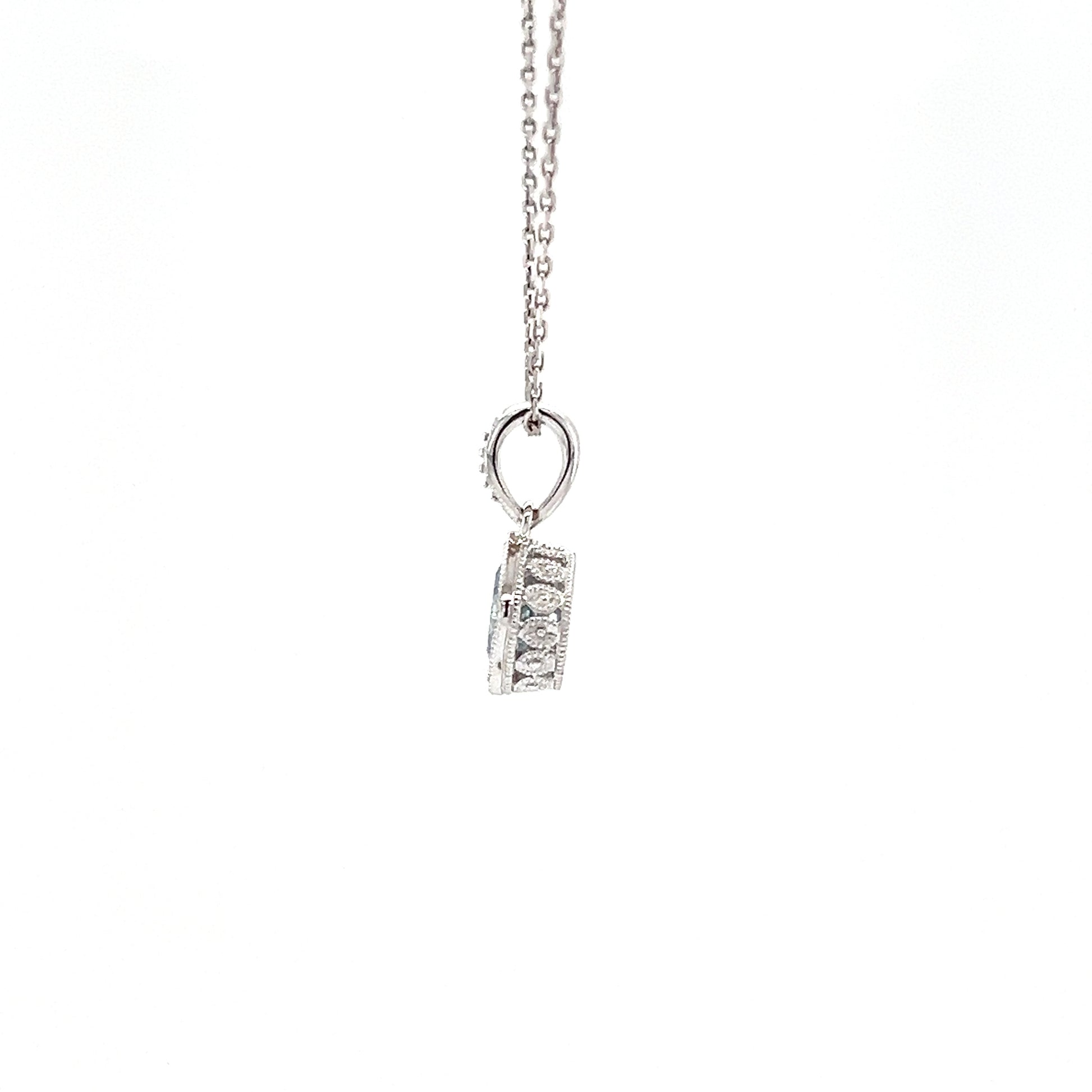 Cushion Aquamarine Pendant with Filigree and Milgrain Details in 14K White Gold Right Profile View