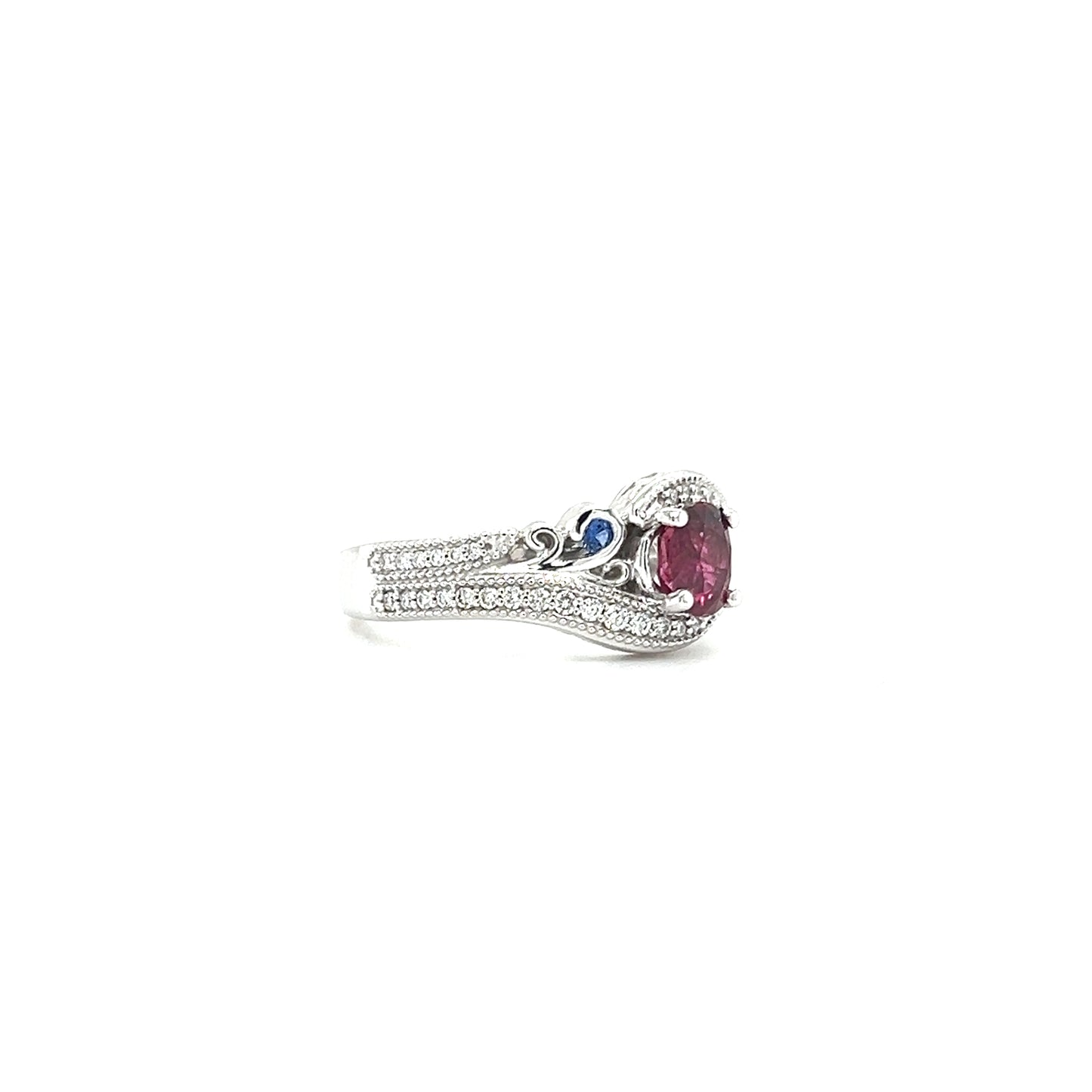 Bypass Ruby Ring with Two Sapphires and Forty-Two Side Diamonds in 14K White Gold Left Side View