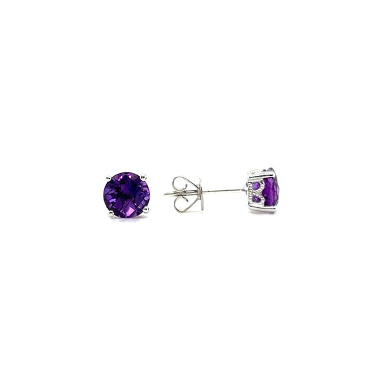 Round Amethyst 6mm Stud Earrings in 14K White Gold Front and Side View