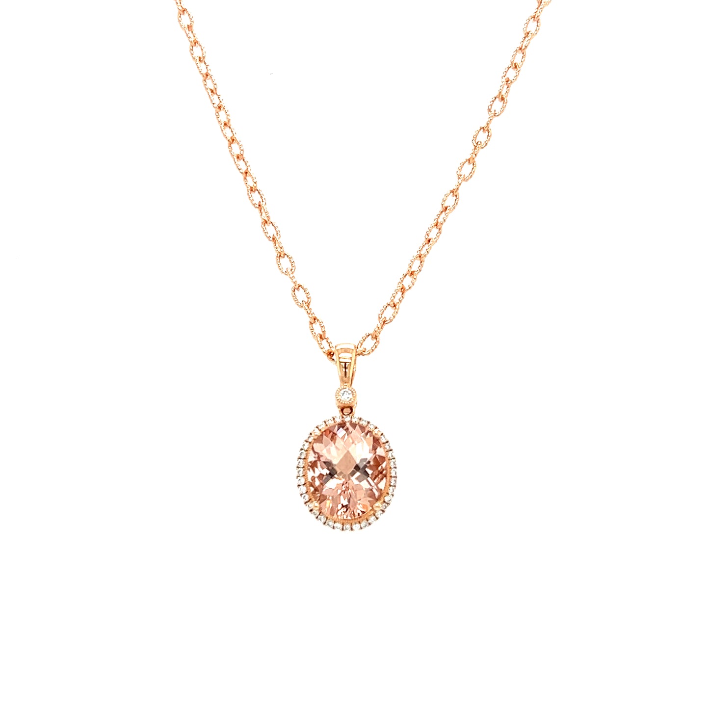 Oval Morganite Necklace with Diamond Halo in 14K Rose Gold. Front View