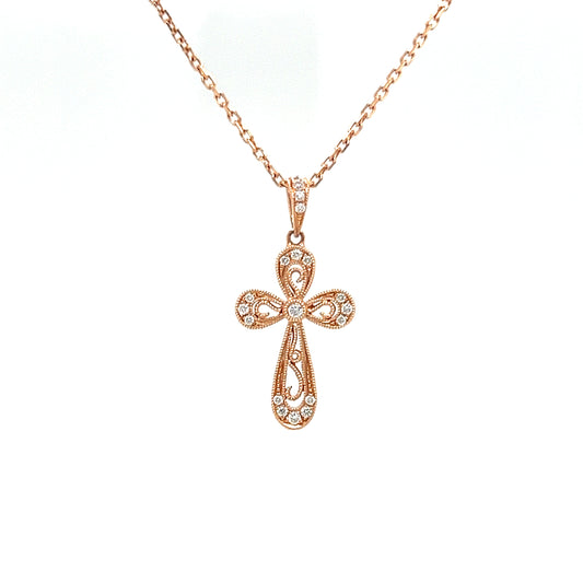 Diamond Cross Pendant with Milgrain Details in 14K Rose Gold Front View