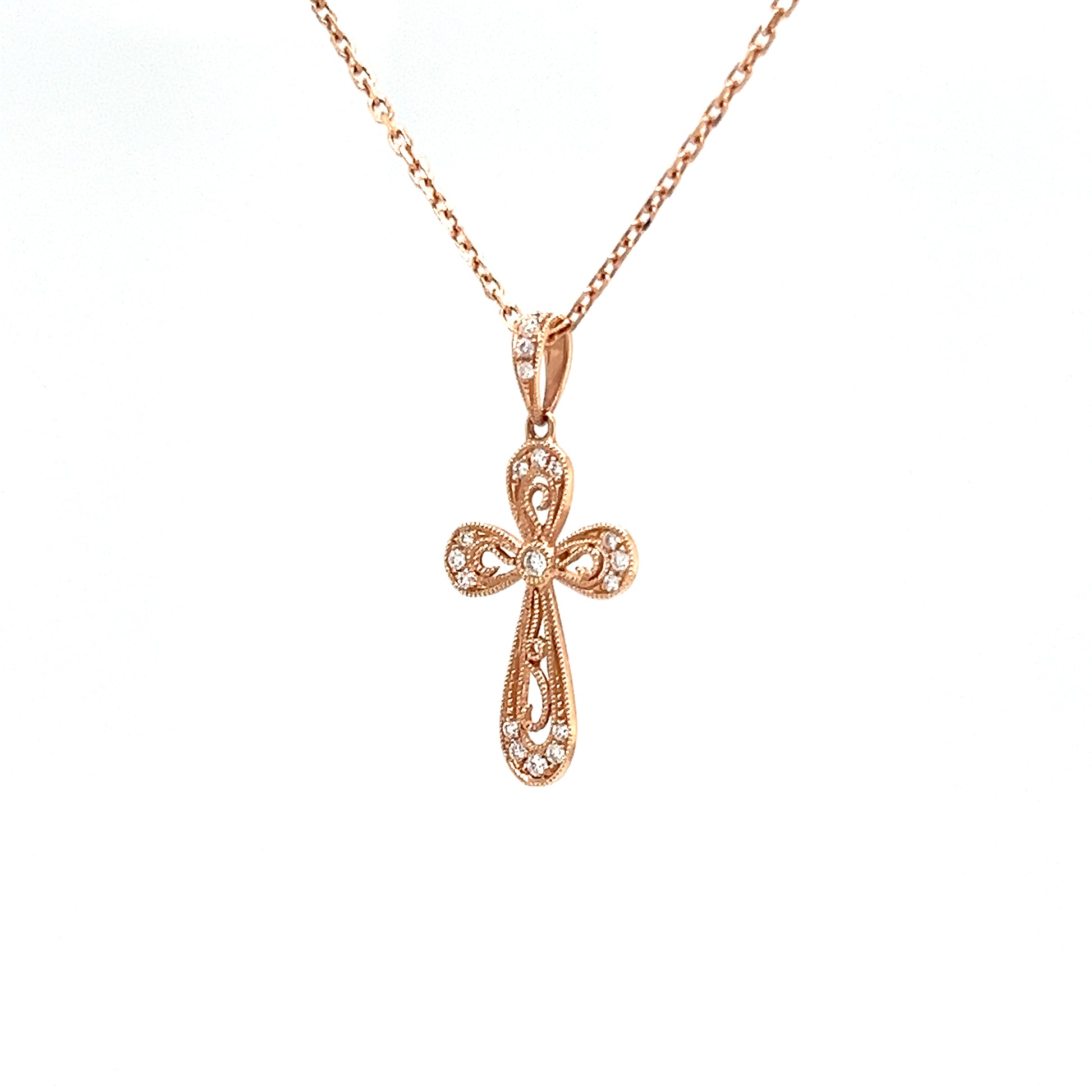 Diamond Cross Pendant with Milgrain Details in 14K Rose Gold Right Side View