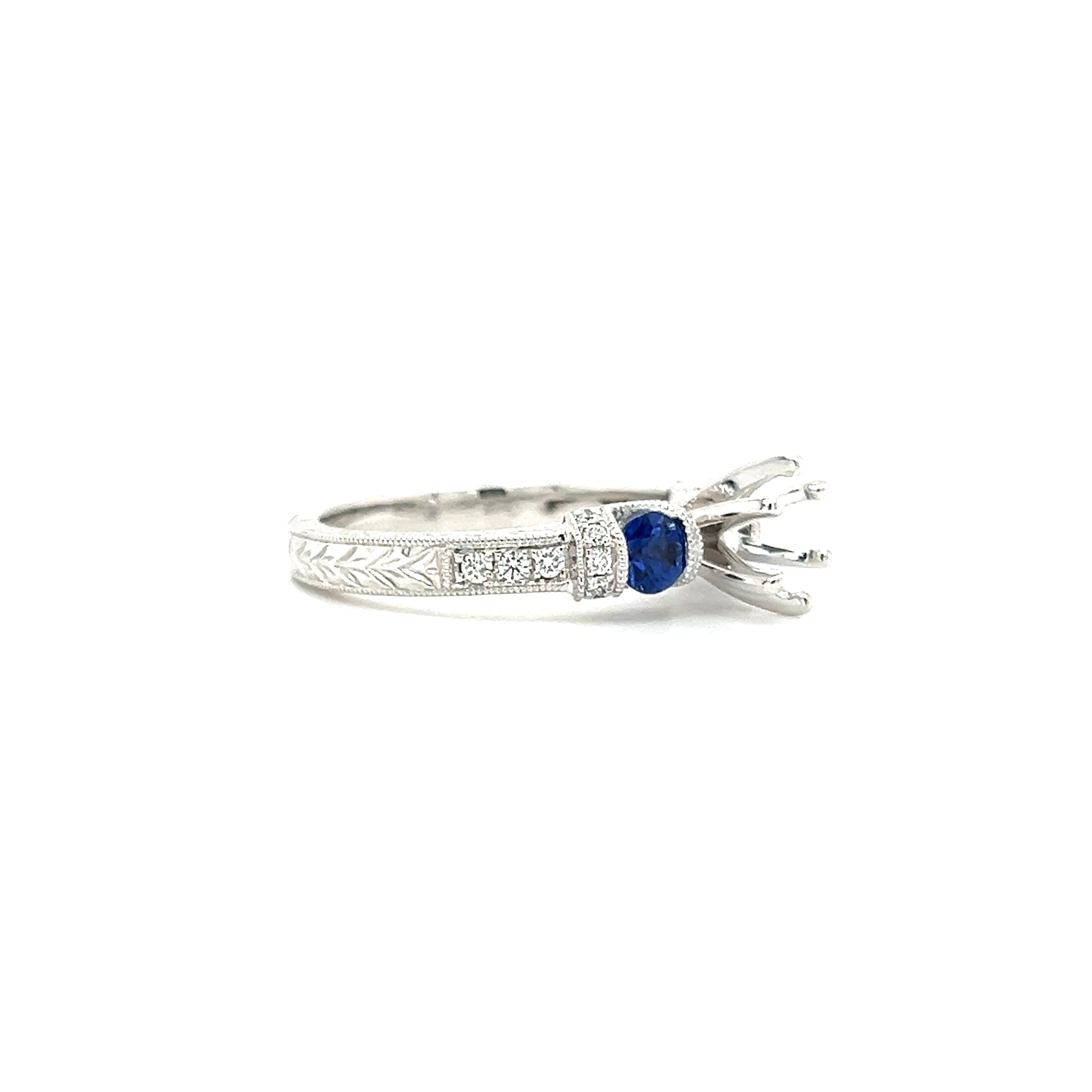 Blue Sapphire Three Stone Ring Setting with 0.15ctw of Diamonds in 14K White Gold Left Profile View