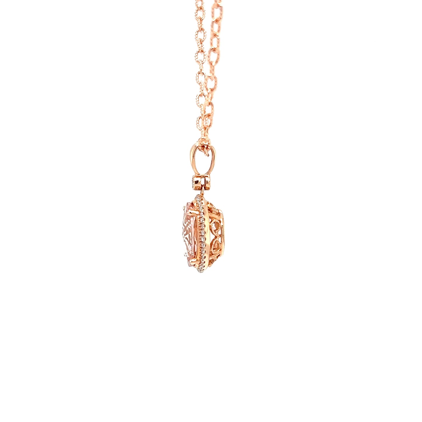Oval Morganite Necklace with Diamond Halo in 14K Rose Gold. Basket Left Side View