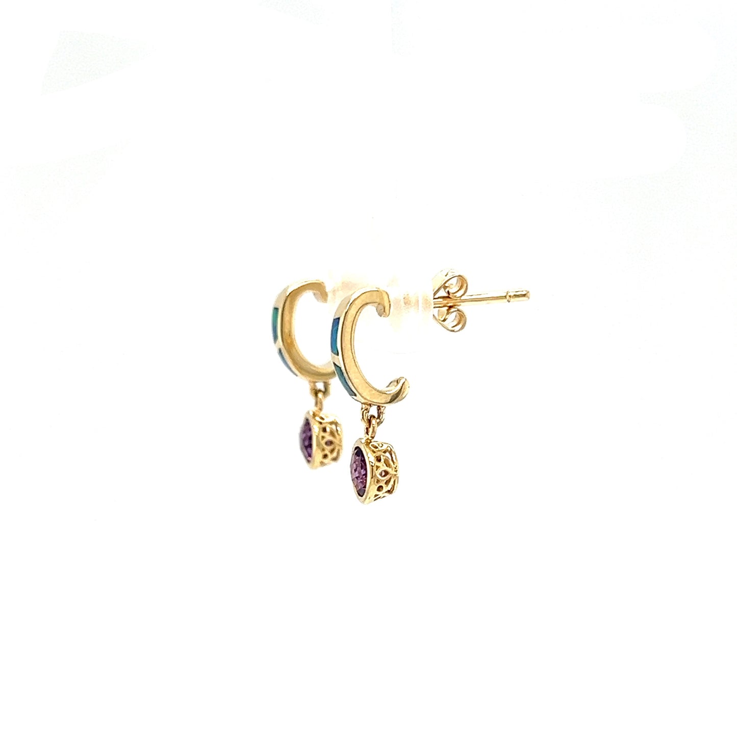 Black Opal C-Hoop Earrings with 0.5ctw of Amethyst in 14K Yellow Gold Left Profile View