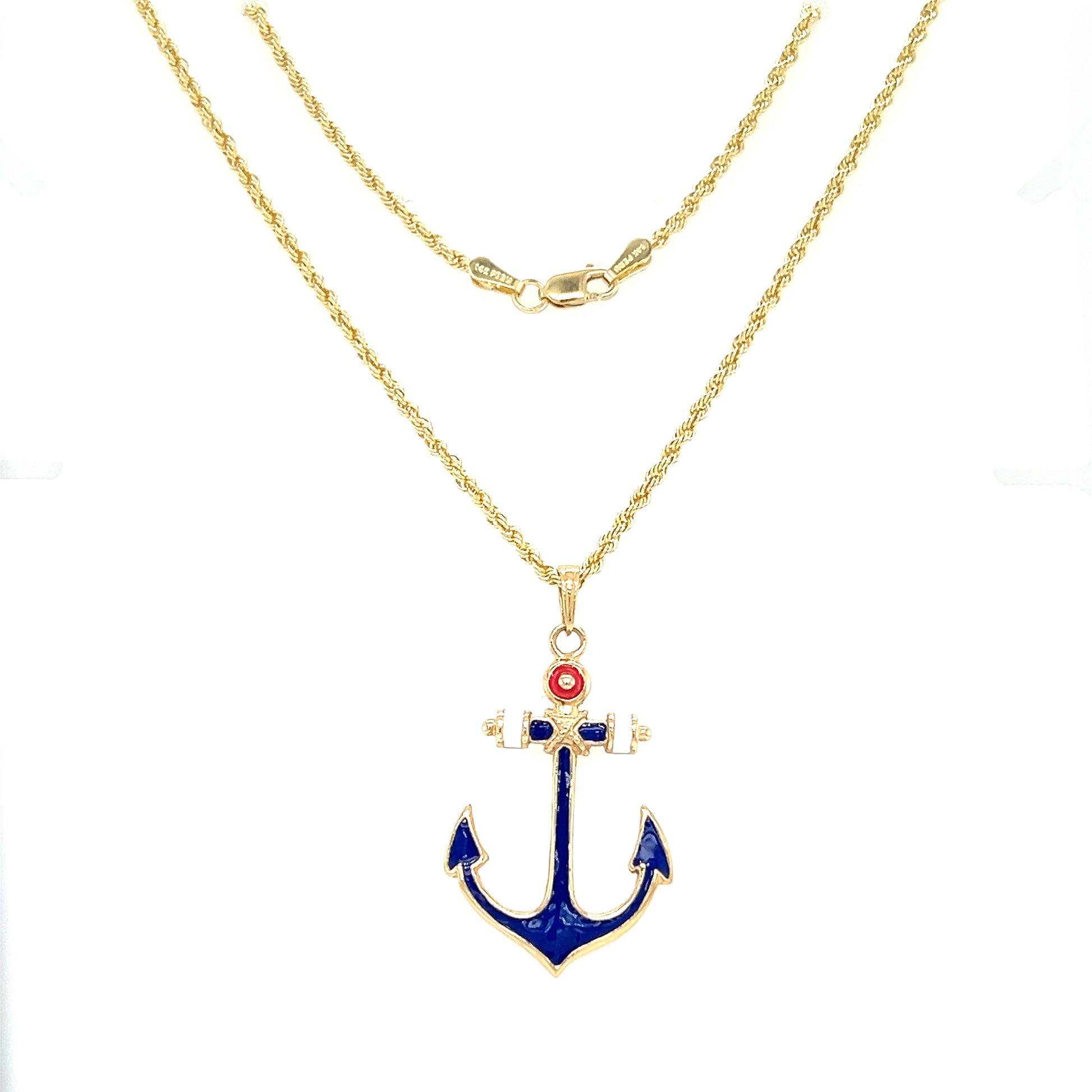 Anchor Pendant with Red White and Blue Enamel in 14K Yellow Gold Full Chain View
