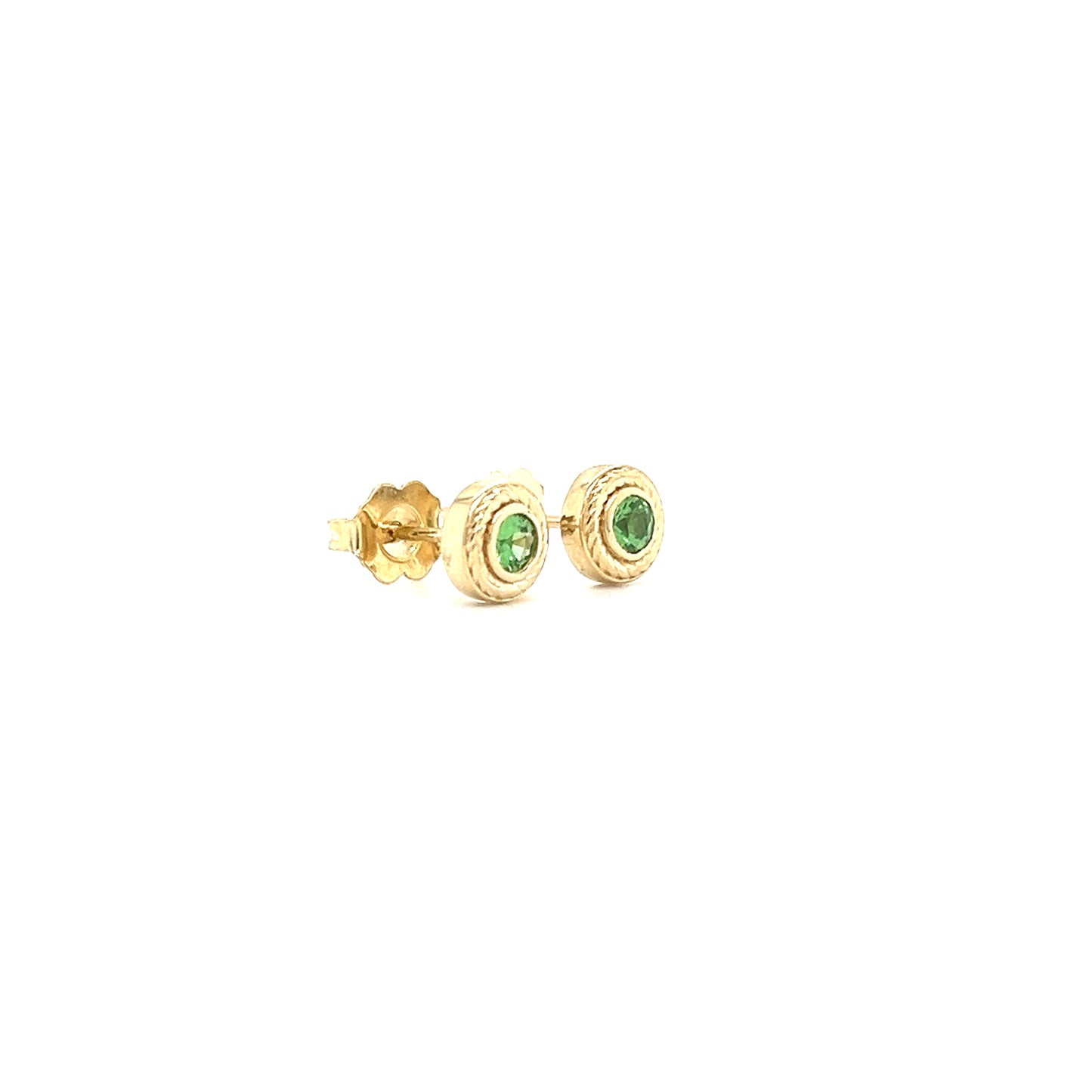 Round Tsavorite Stud Earrings with Rope Details in 14K Yellow Gold Left Side View