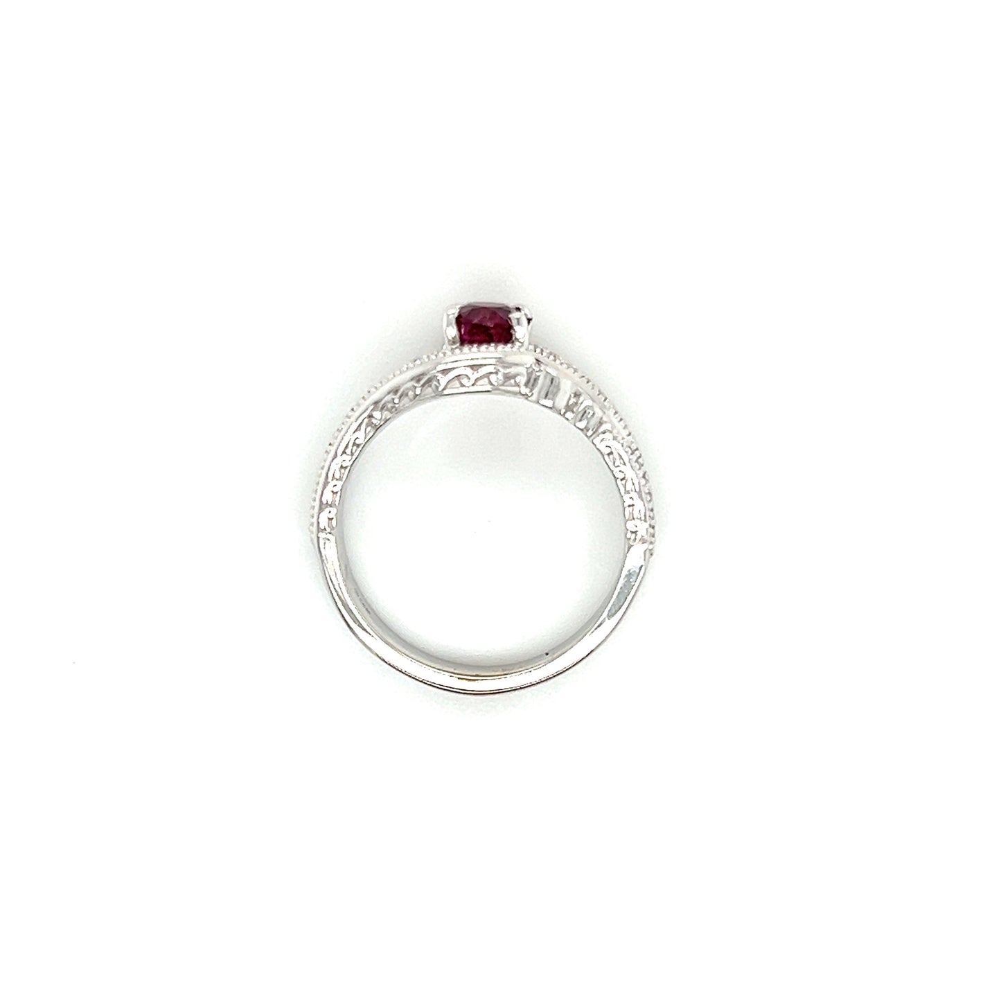 Bypass Ruby Ring with Two Sapphires and Forty-Two Side Diamonds in 14K White Gold Top View