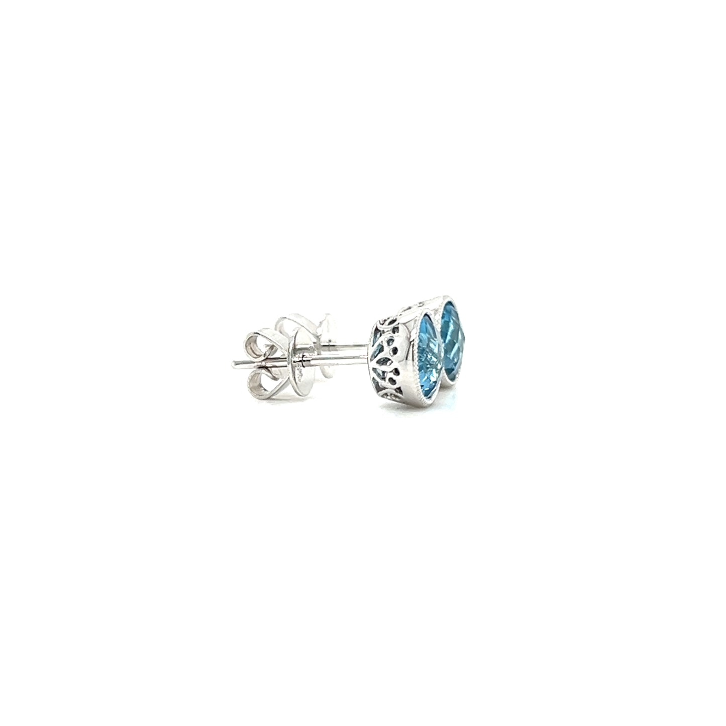 Blue Topaz Stud Earrings with Filigree and Milgrain Details in 14K White Gold Left Profile View