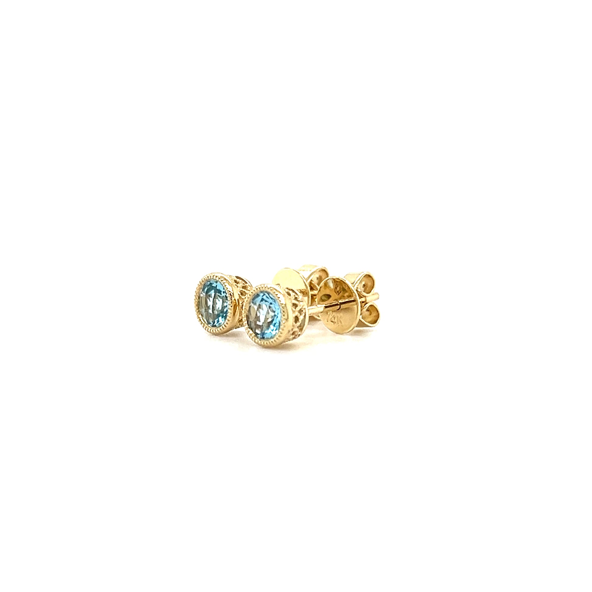 Round Blue Topaz Stud Earrings with Filigree and Milgrain Details in 14K Yellow Gold. Right Side View