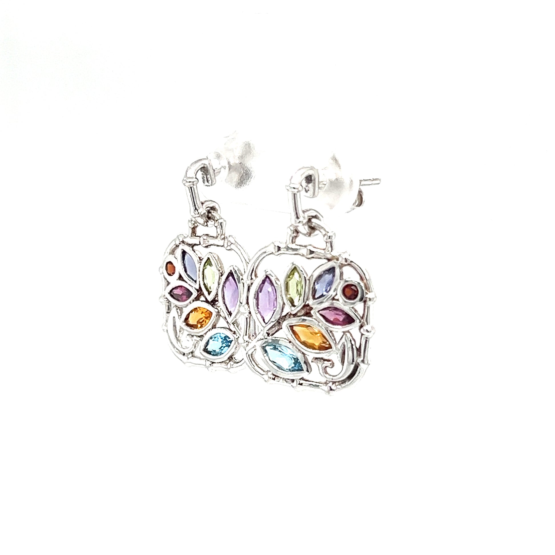 Leaf Dangle Earrings with Multi Gemstones Accents in Sterling Silver Right Side View