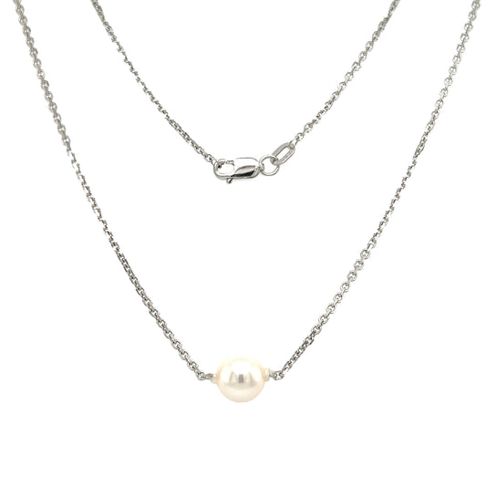 Add-a-Pearl Necklace with One 7mm White Pearl in 14K White Gold. Full Necklace Front View