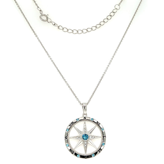 Milgrain Compass Necklace with Aquamarine and White Crystals in Sterling Silver Full Necklace View