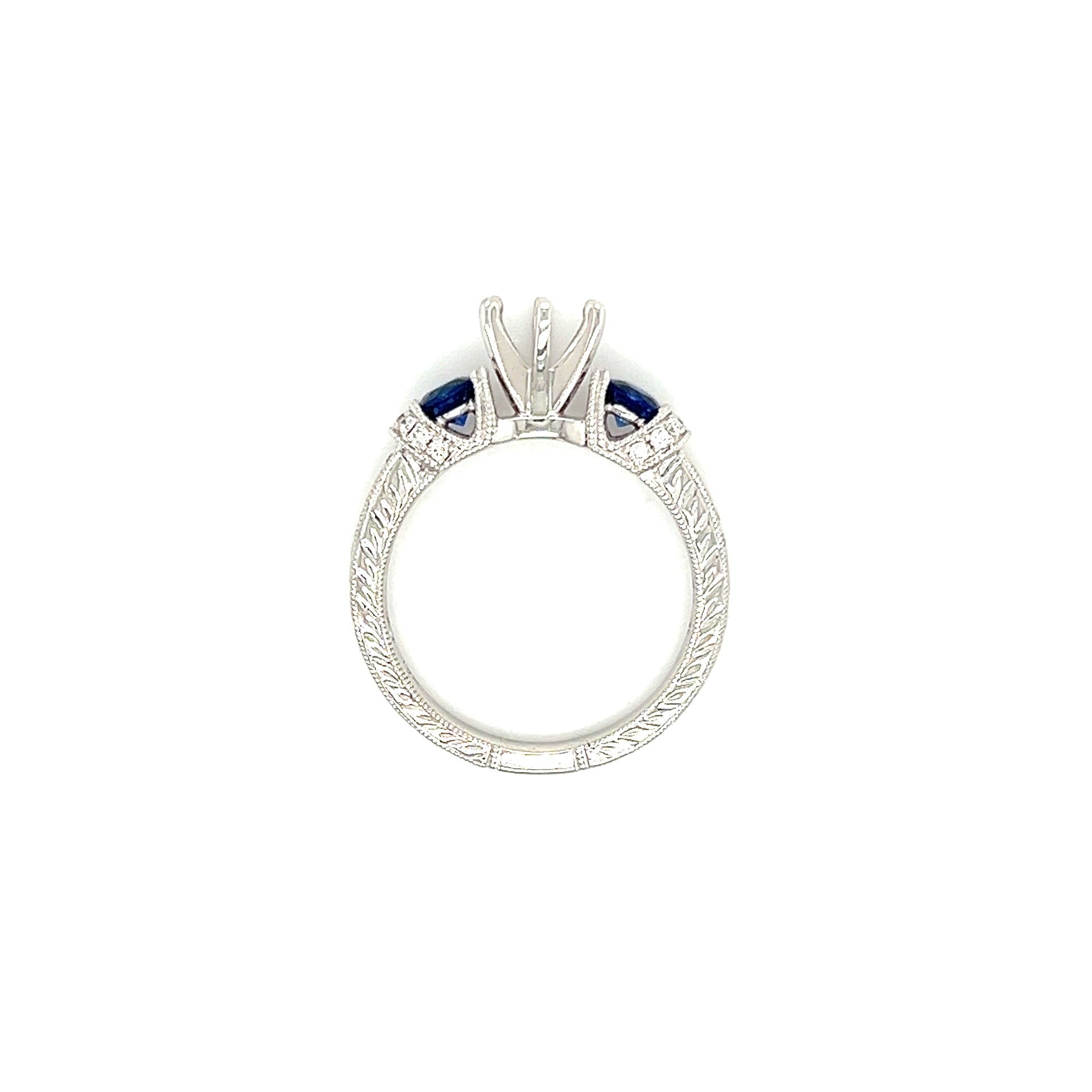 Blue Sapphire Three Stone Ring Setting with 0.15ctw of Diamonds in 14K White Gold Top View