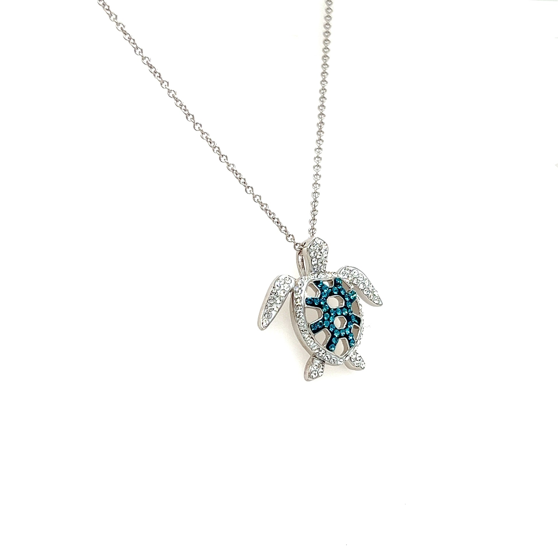 Turtle Necklace with Blue and White Crystals in Sterling Silver Left Side View