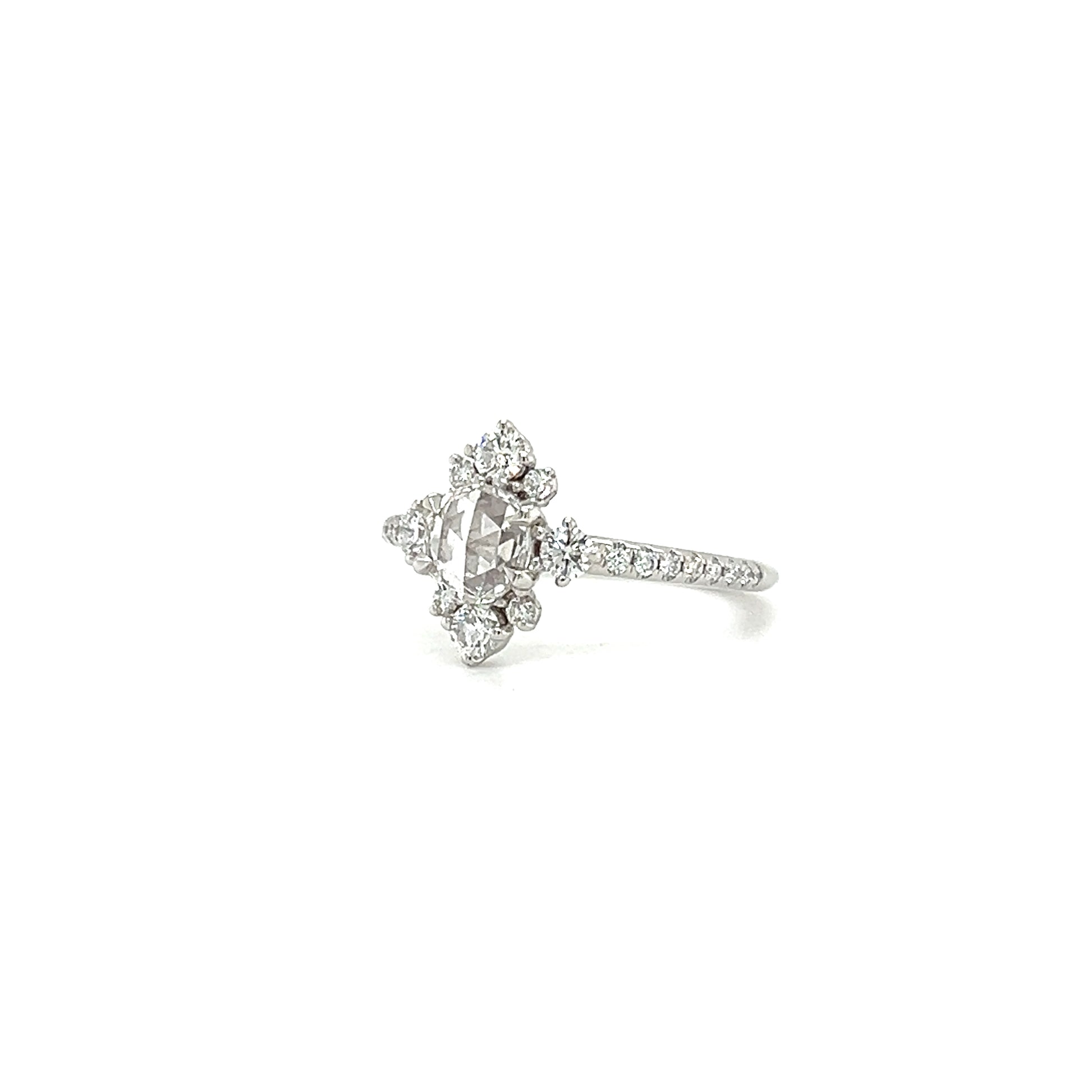 Rose Cut Diamond Ring with 0.83ctw of Diamonds in 18K White Gold. Right Side View