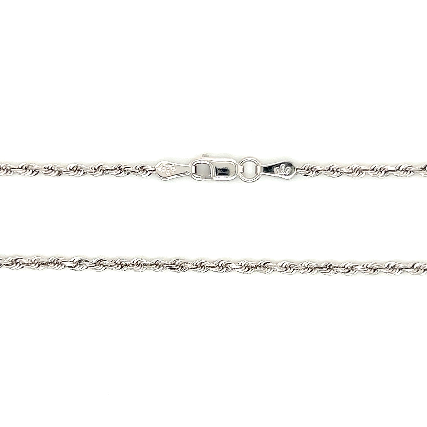 Diamond-cut Rope Chain 2mm with 16in of Length in 14K White Gold.  Clasp and Chain View