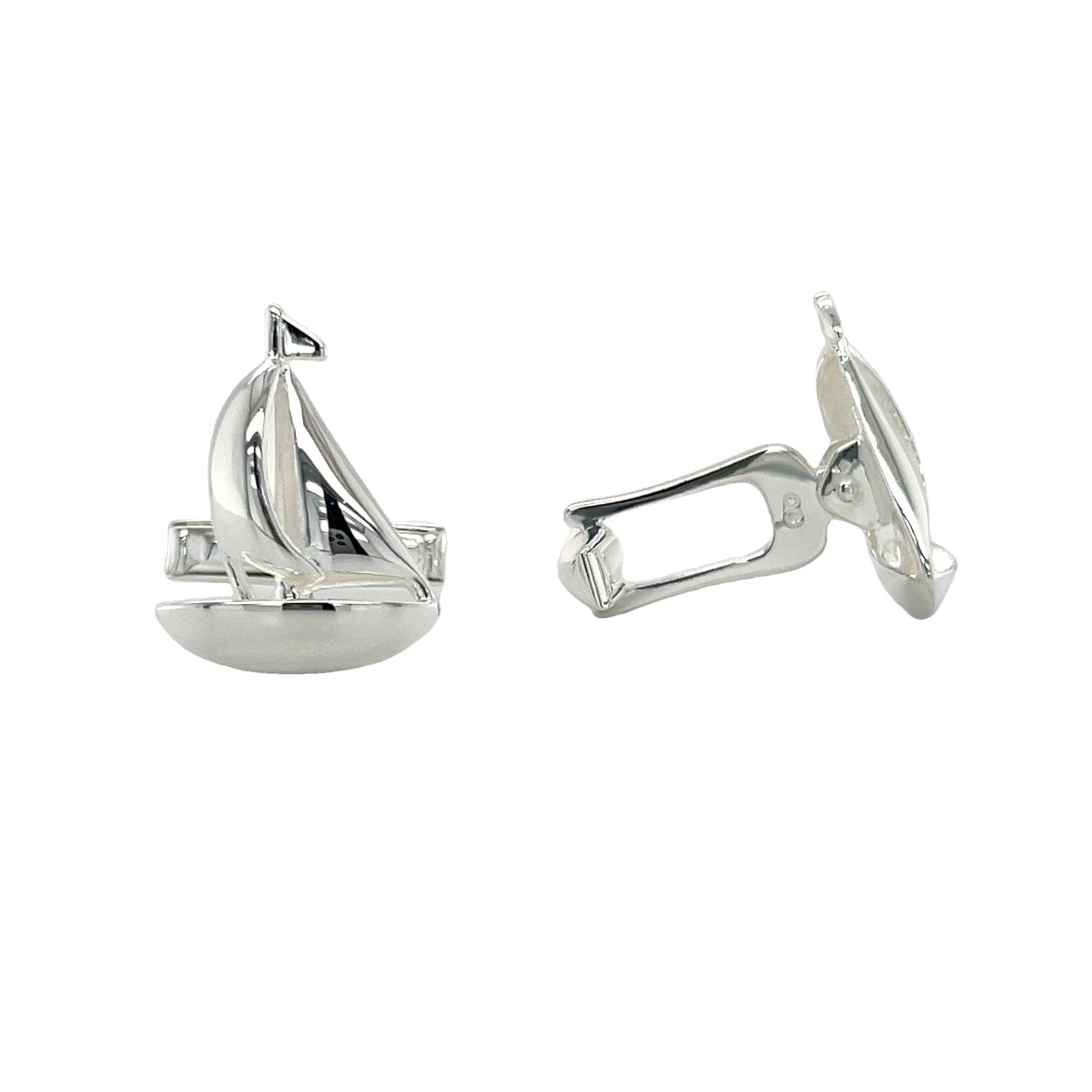 Sail Boat Cufflinks with 3D Details in Sterling Silver Front and Side View