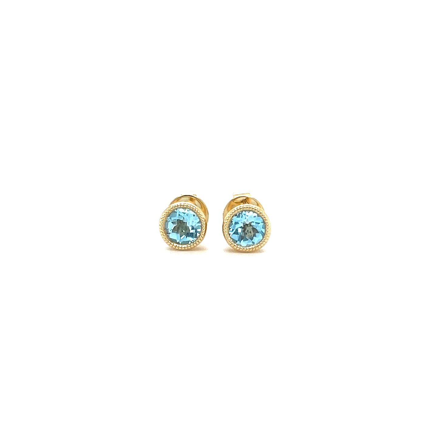 Round Blue Topaz Stud Earrings with Filigree and Milgrain Details in 14K Yellow Gold. Front View