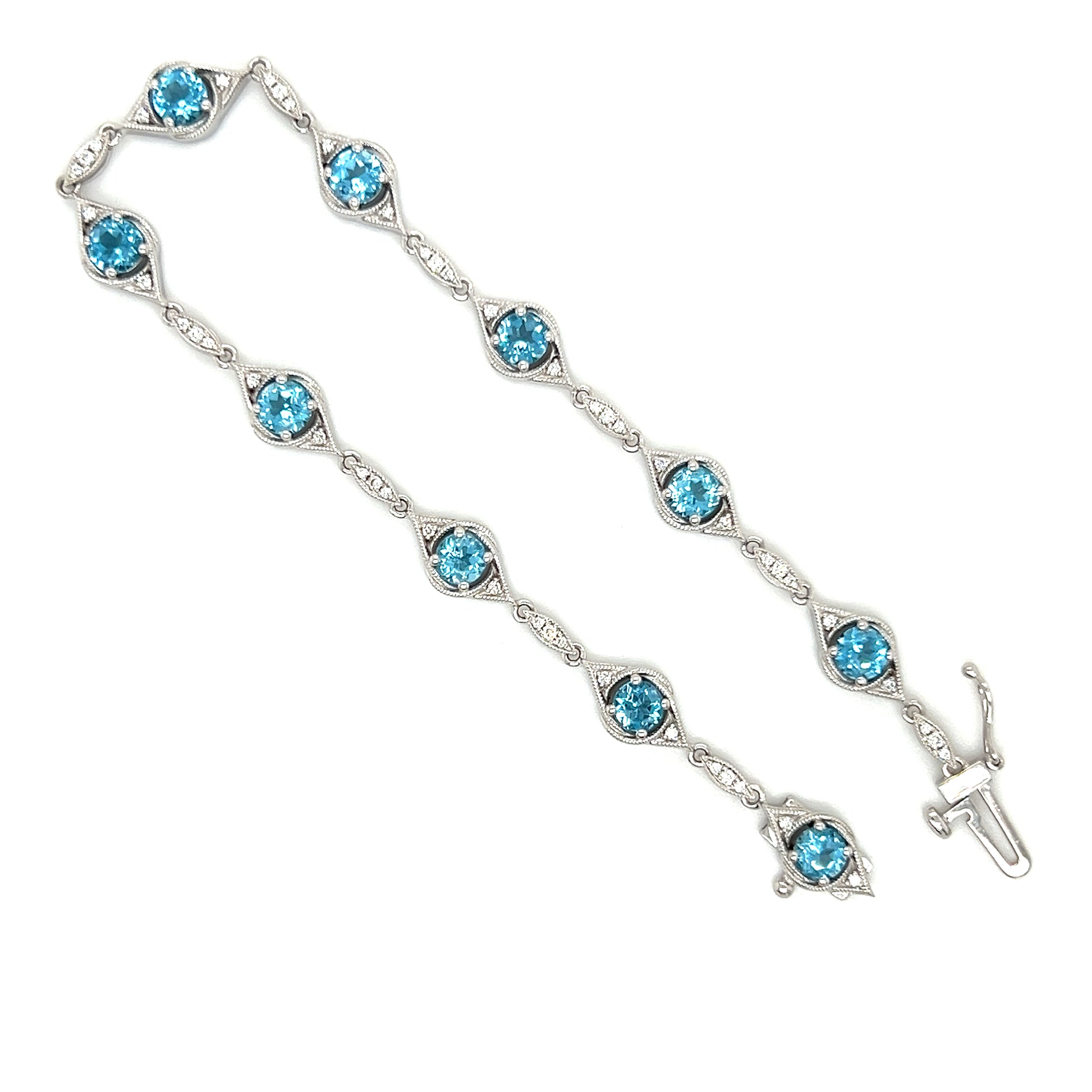 Blue Topaz Link Bracelet with Fifty Diamonds in 14K White Gold Open Clasp