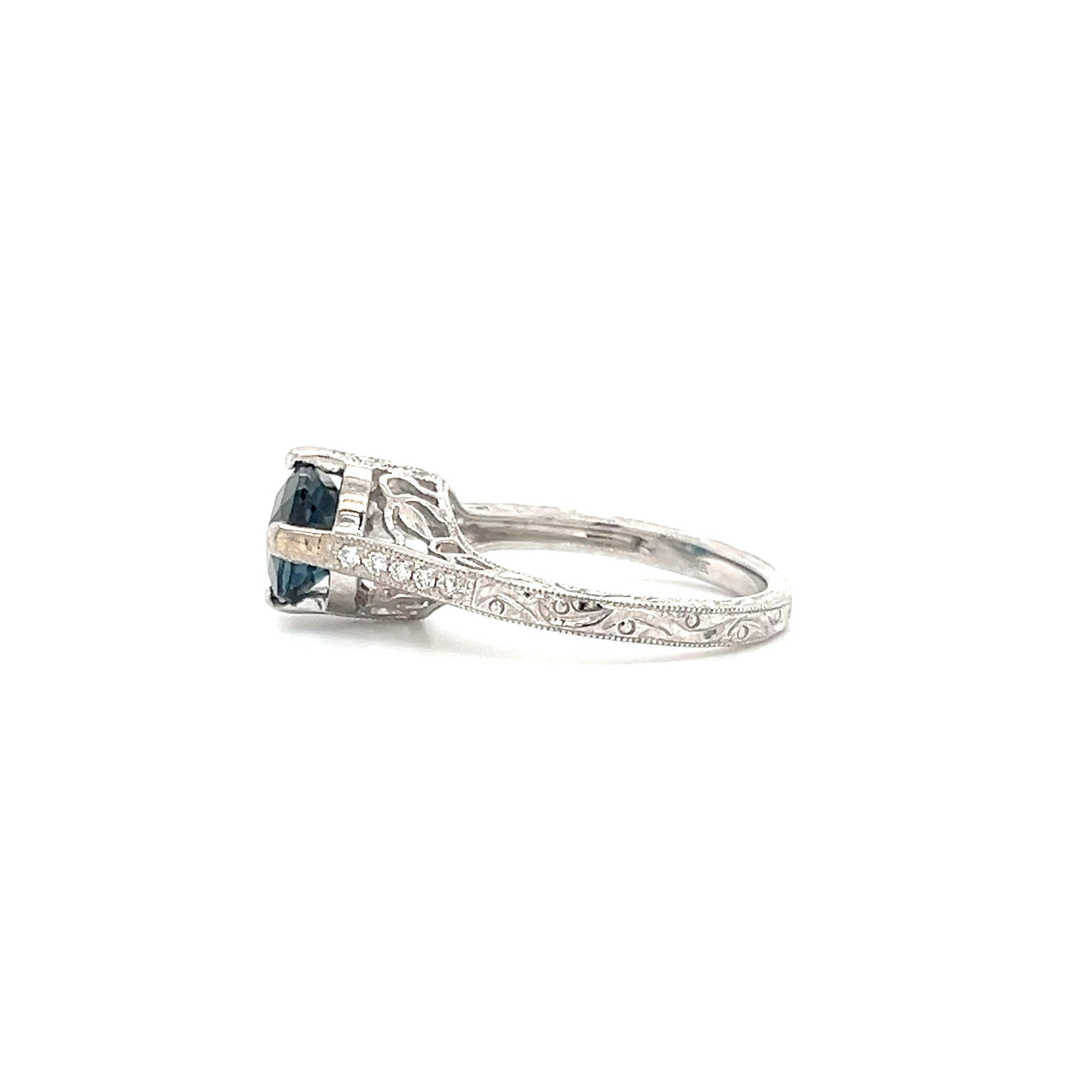 Filigree London Blue Topaz Ring with Side Diamonds in 14K White Gold. Right Profile View