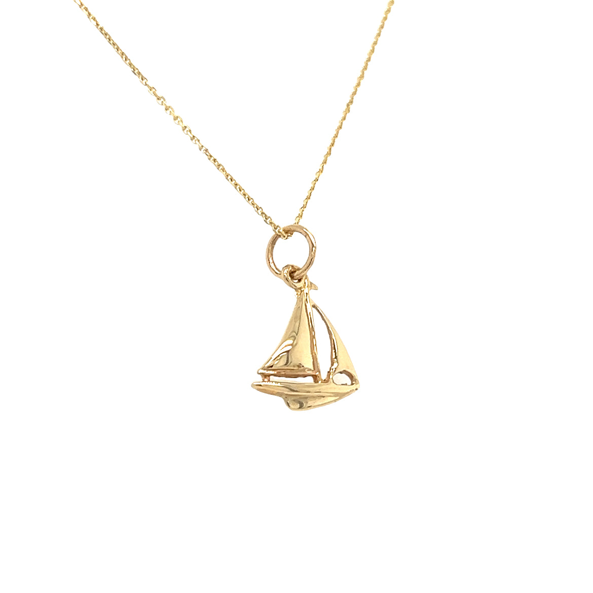 Sailboat Charm with 3D Details in 14K Yellow Gold. Charm and Chain Left Side View