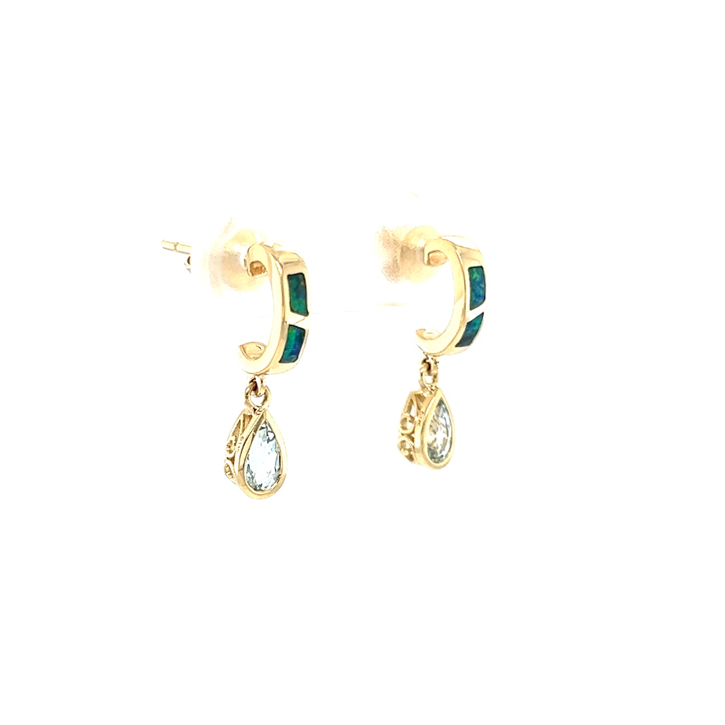 Black Opal C-Hoop Earrings with 0.51ctw of Aquamarine in 14K Yellow Gold Left Side View