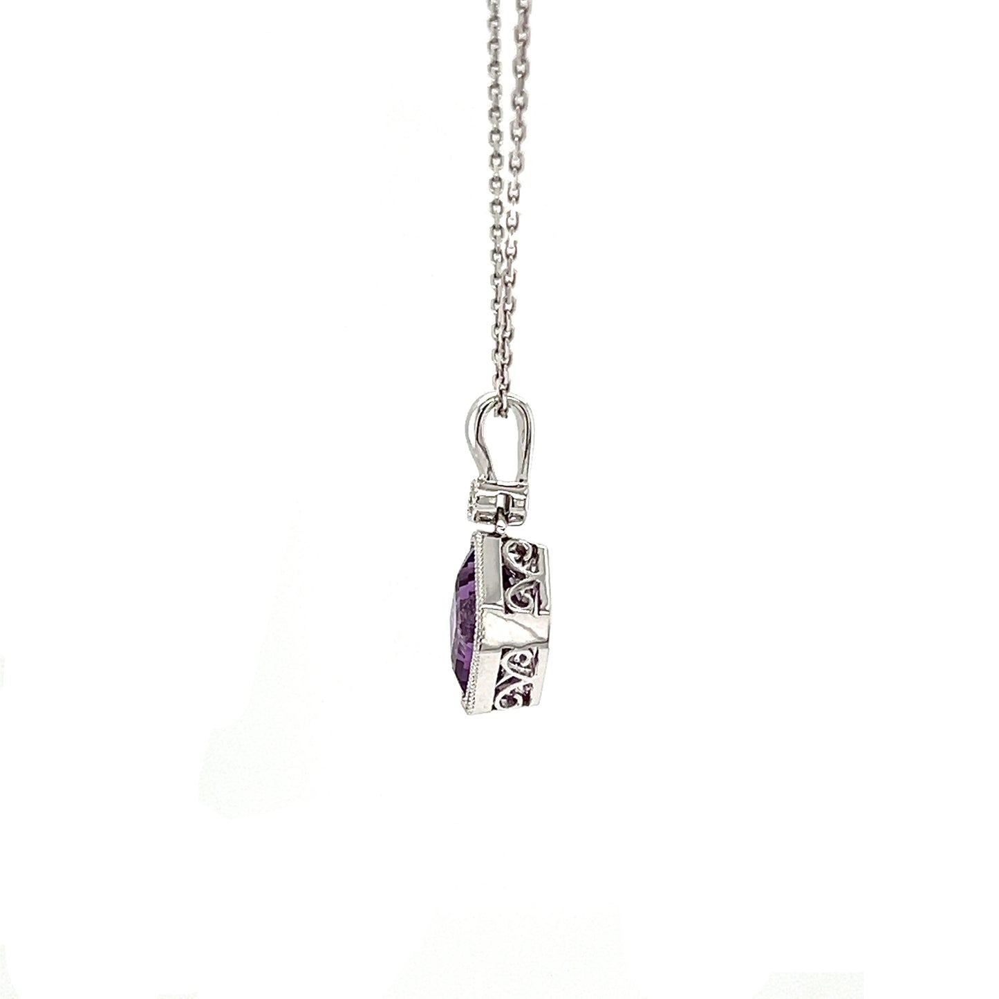 Asscher Amethyst Pendant with One Diamond in 14K White Gold Right Side View