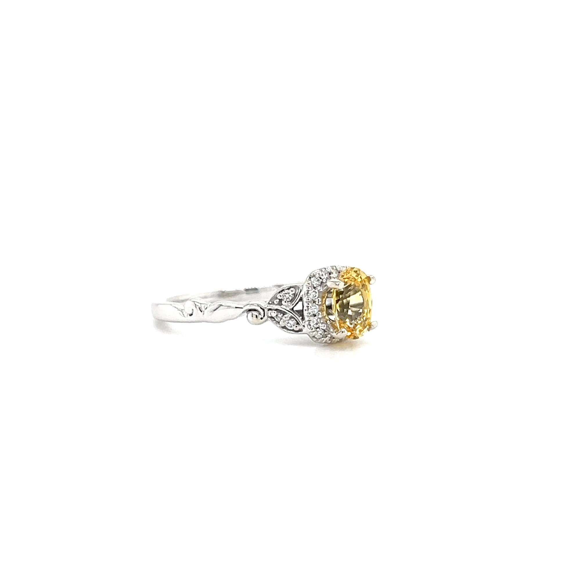 Yellow Sapphire Ring with Diamond Halo and Vine Details in 14K White Gold Left Side View