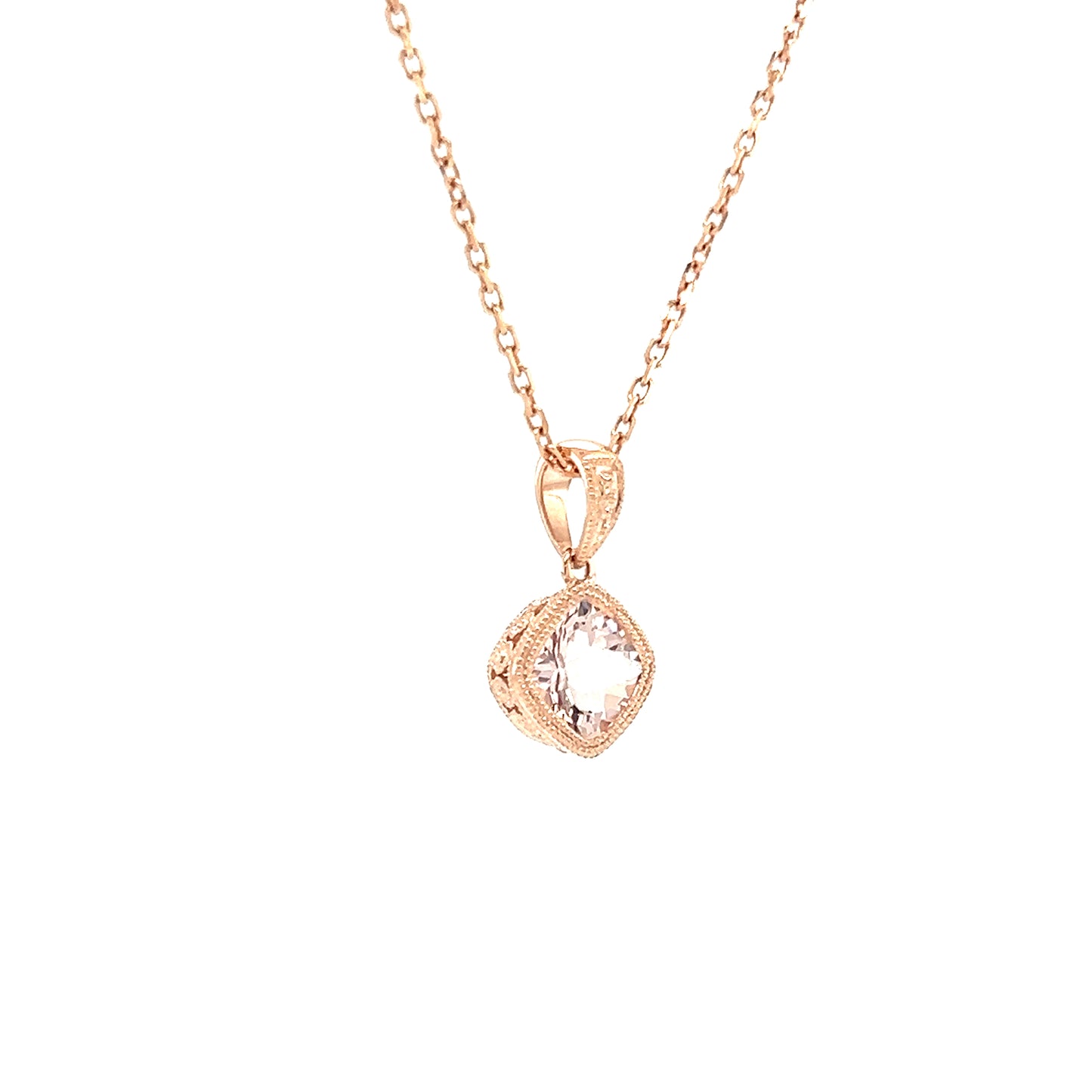 Cushion Morganite Pendant with Filigree and Milgrain Details in 14K Rose Gold Left Side View