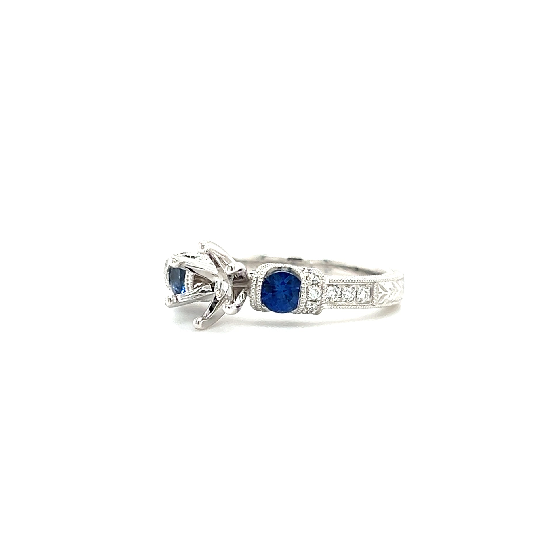 Blue Sapphire Three Stone Ring Setting with 0.15ctw of Diamonds in 14K White Gold Right Side View
