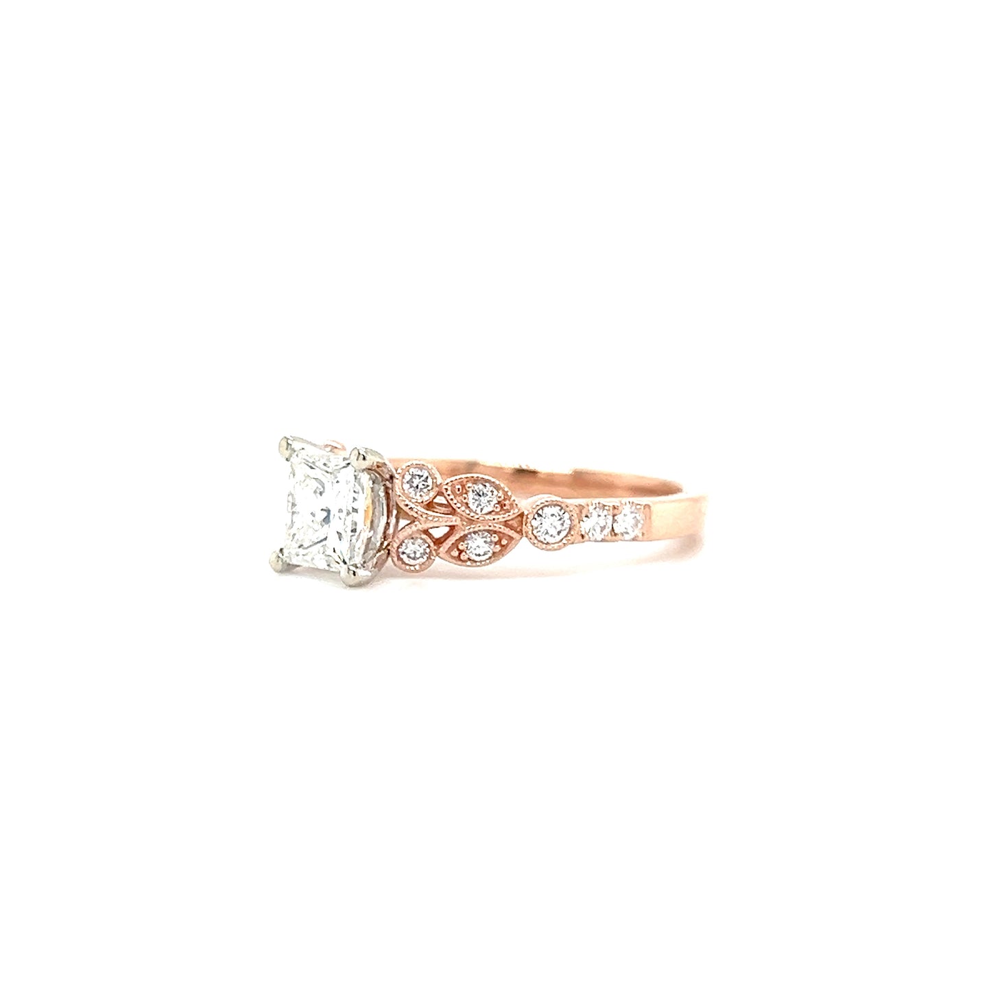 Floral 0.92ct Diamond Ring with 0.26ctw of Side Diamonds in 14K White and Rose Gold Right Side View