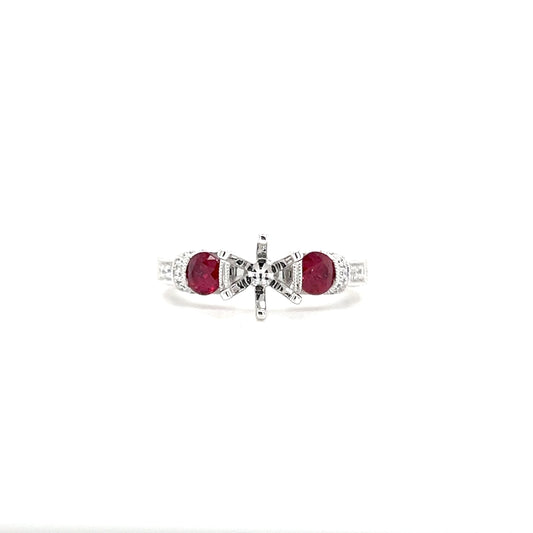  Ruby Three Stone Ring Setting with 0.16ctw of Diamonds in 14K White Gold Front View