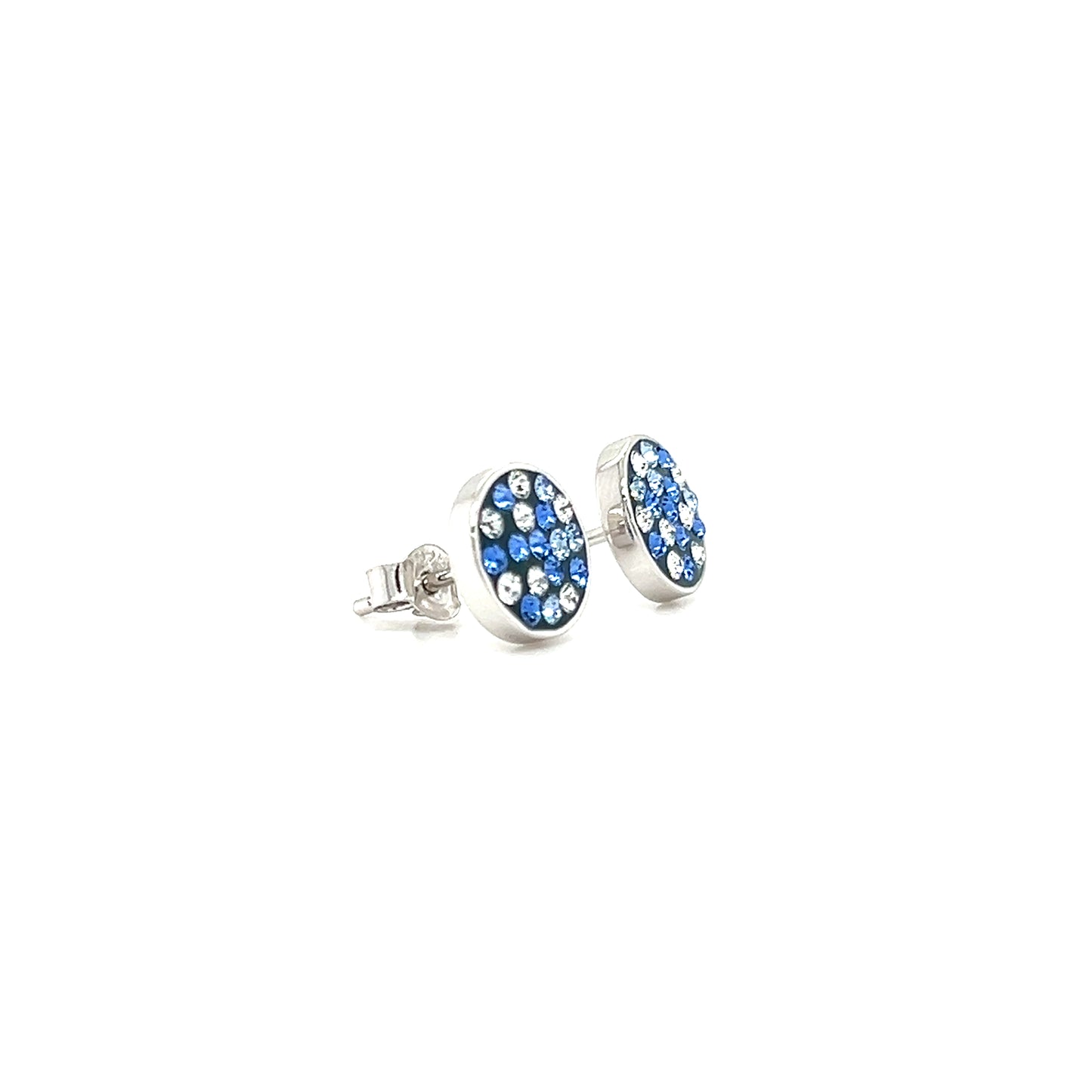 Round Blue Post Earrings with Blue and White Crystals in Sterling Silver Left Side View